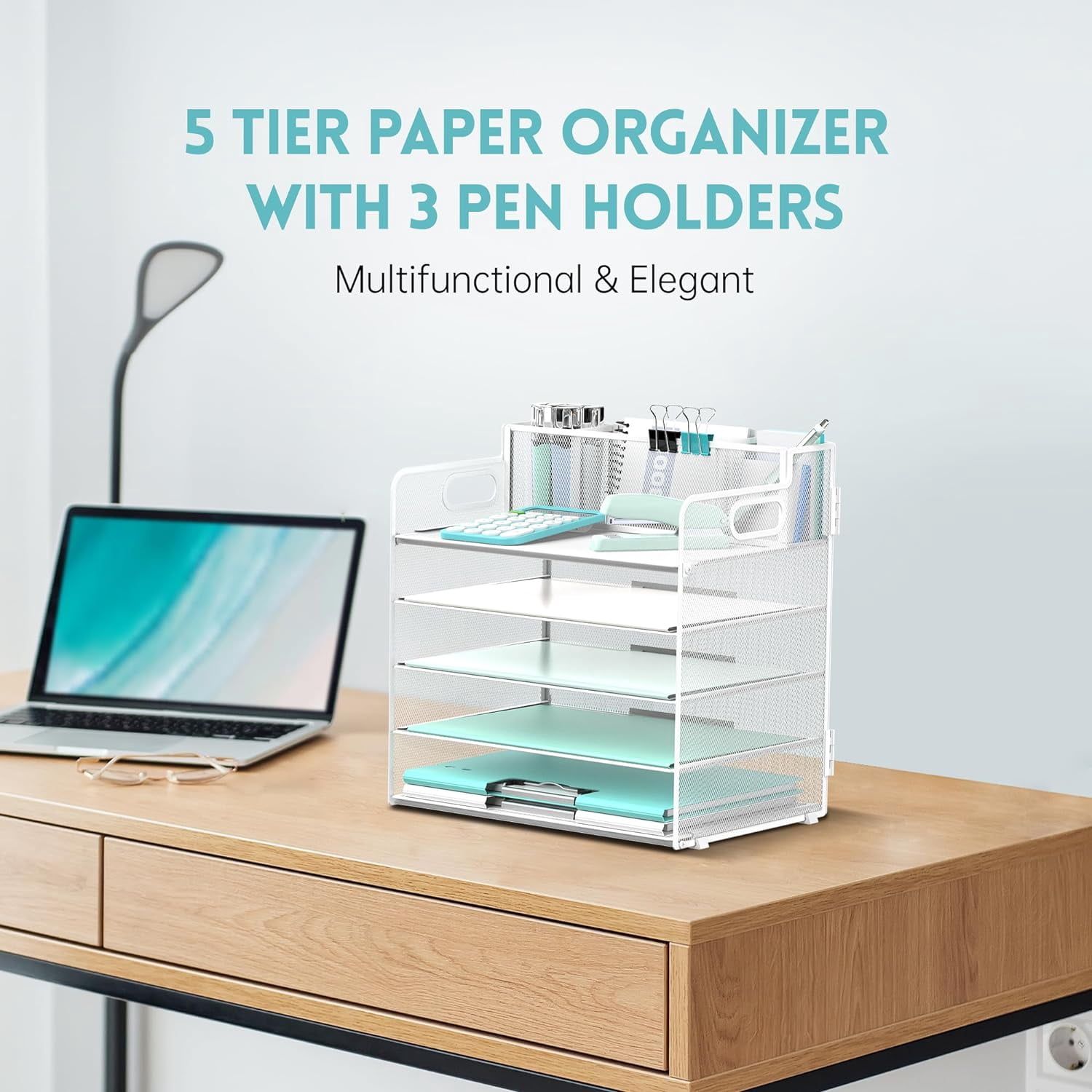 INTIGE 5 Trays Paper Organizer with 3 Pencil Holders-Letter Tray Desk Organzier with Handle (White)