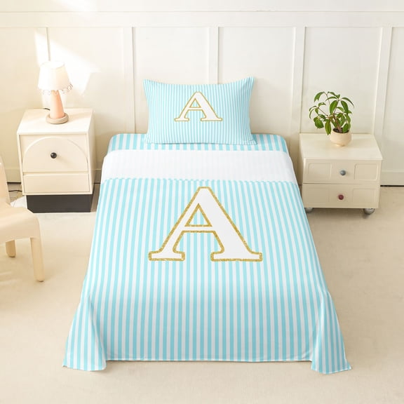 Erosebridal Gold Letter A Twin Sheet Sets for Kid, Blue Cartoon Line Bedding, 3 Pieces