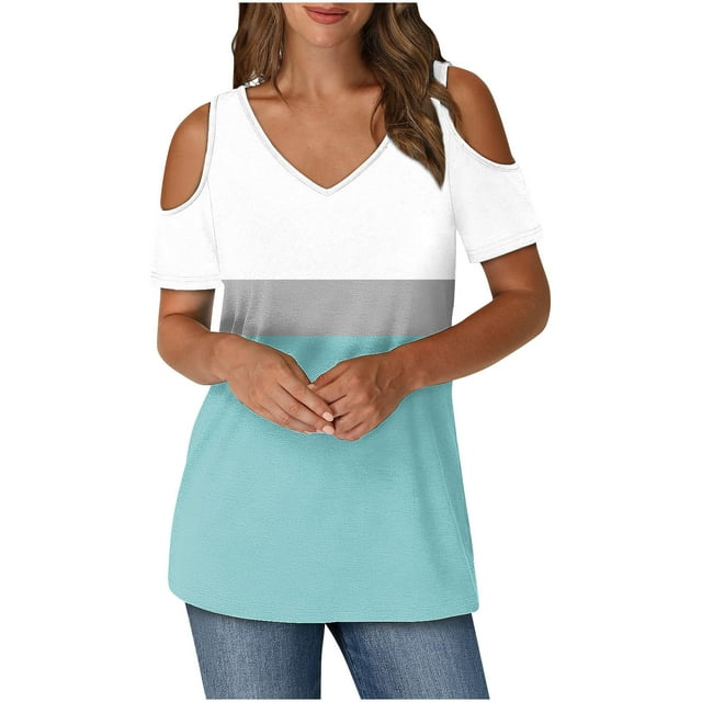 JMKQLZ Women's Printing Blouses Short Sleeved V-Neck Off Shoulder Fashionable Top