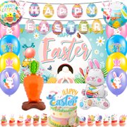 Easter Party Decorations, 51pcs Easter Bunny Decorations Set Including Easter Bunny Party Banner Backdrop Balloons Cake Decorations etc Easter Day Decorations, Happy Easter Decorations for Party