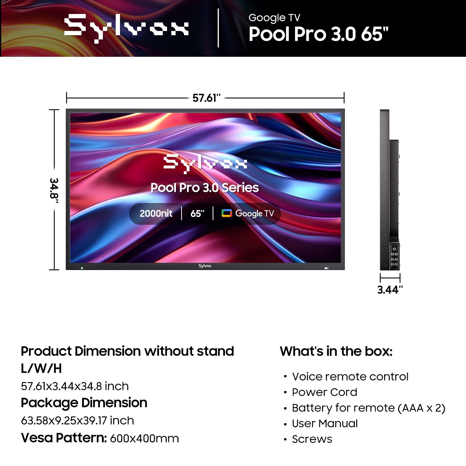 SYLVOX 65 inch Outdoor Smart TV, 2000 Nits 4K UHD HDR 10 IP56 Waterproof Google Television with Dolby Atmos, Voice Remote,Chromecast, Pool Pro 3.0
