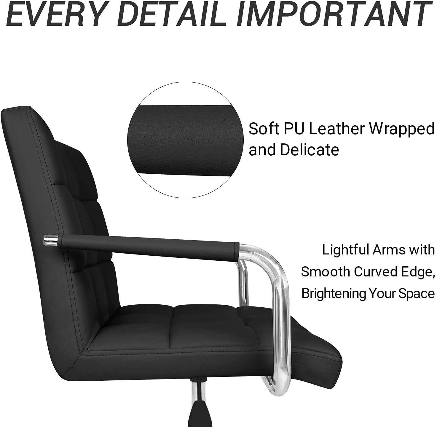 Lacoo Mid Back office chair PU Leather Adjustable Height Office Desk Chair 360 Degree Swivel with Armrest, Black