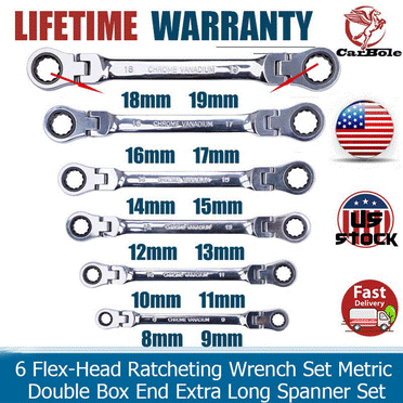 Carbole 6Pcs Double Box End Metric Ratcheting Wrench's Flex-Head Extra Long Spanner Set
