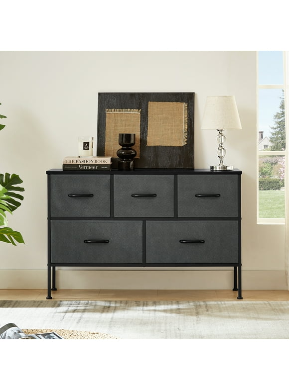 5-Drawer Dresser, Tall Fabric Storage Tower, Wide Chest of Drawers With Wood Top, Storage Organizer Unit with Fabric Bins for Closet, Living Room, Bedroom, Hallway, Entryway, Nursery, Dark Grey