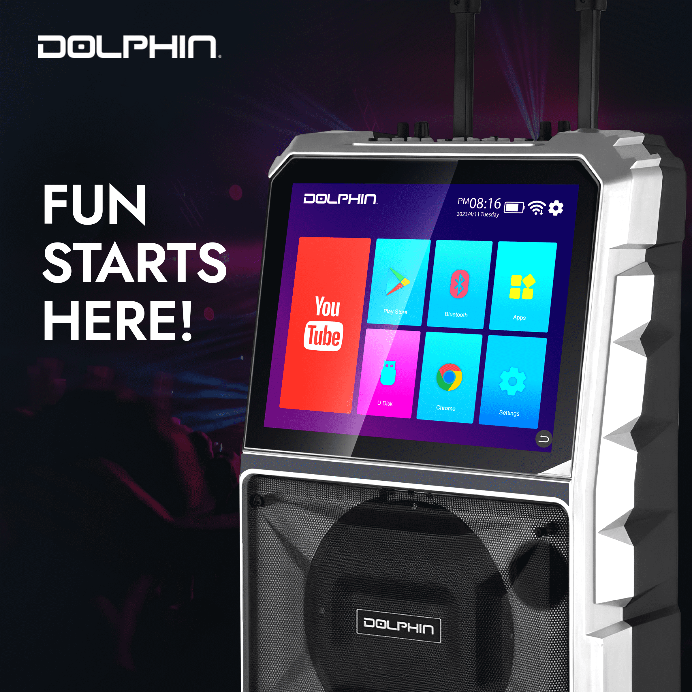 Dolphin Audio KB-85R Bluetooth Portable Karaoke Speaker with 14.1-In. Touch Screen and Wireless Microphone, KB-85R