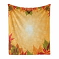 thumbnail image 1 of Harvest Soft Flannel Fleece Blanket, Striped Dotted Background and Vibrant Maple Aspen Oak Leaves Seasonal Nature, Cozy Plush for Indoor and Outdoor Use, 70" x 90", Red Green Orange, by Ambesonne, 1 of 6