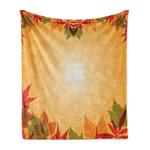 Harvest Soft Flannel Fleece Blanket, Striped Dotted Background and Vibrant Maple Aspen Oak Leaves Seasonal Nature, Cozy Plush for Indoor and Outdoor Use, 60" x 80", Red Green Orange, by Ambesonne
