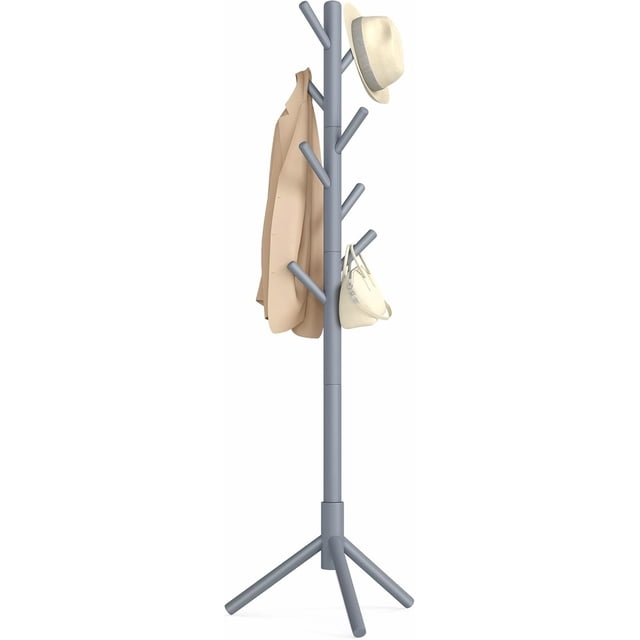 VASAGLE Perchero, Perchero de Madera Maciza, Perchero en Forma de Árbol, 8 Ganchos, 3 Alturas Ajustables, para Ropa, Sombrero y Bolso, para Salón, Dormitorio y Oficina, Gris