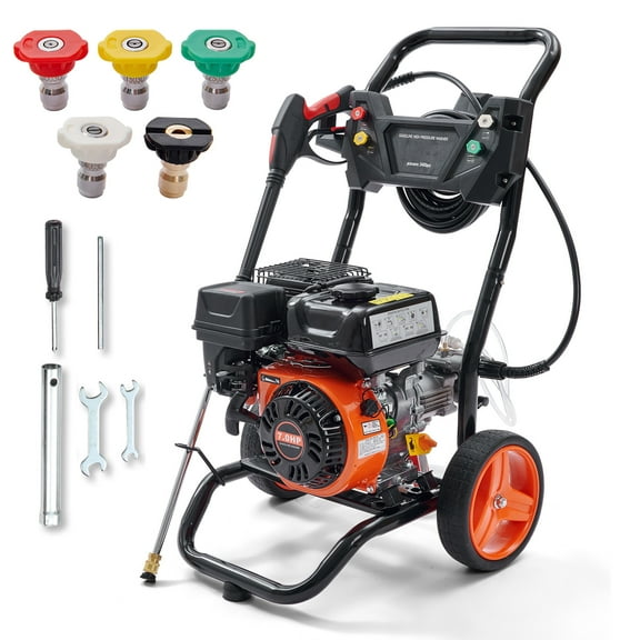 KFFKFF Gas-Powered Pressure Washer, 3400 PSI 2.6 GPM, Equipped with Aluminum Pump, Spray Apparatus and Extension Rod, 5 Rapid Connect Spray Tips, Suitable for Washing Vehicles, Residences