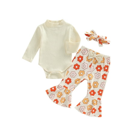 

Qtinghua Newborn Baby Girl Clothes Infant Rib Frill Long Sleeve Romper Floral Flared Pants Headband 3Pcs Fall Winter Outfits Beige 6-12 Months