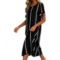 thumbnail image 6 of Women's Striped Maxi Dress, Tie Cuff Short Sleeve Casual Midi Dresses, Loose Fit A-Line Summer Vertical Stripe T Shirt Sundress with Pockets for Home and Office, 6 of 6