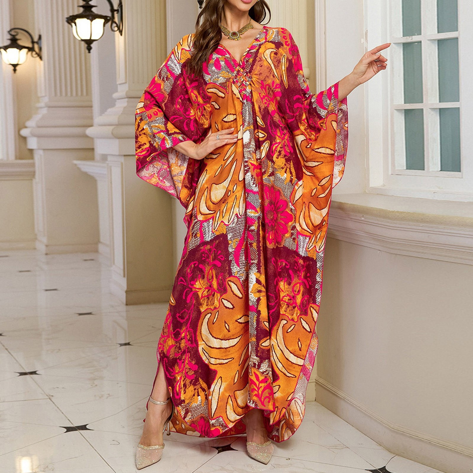 Women Kaftan Dresses Cover Ups Vintage Boho Printed Long Sleeve V Neck Beach Dress Lightweight Vacation Sheer Bathing Suits