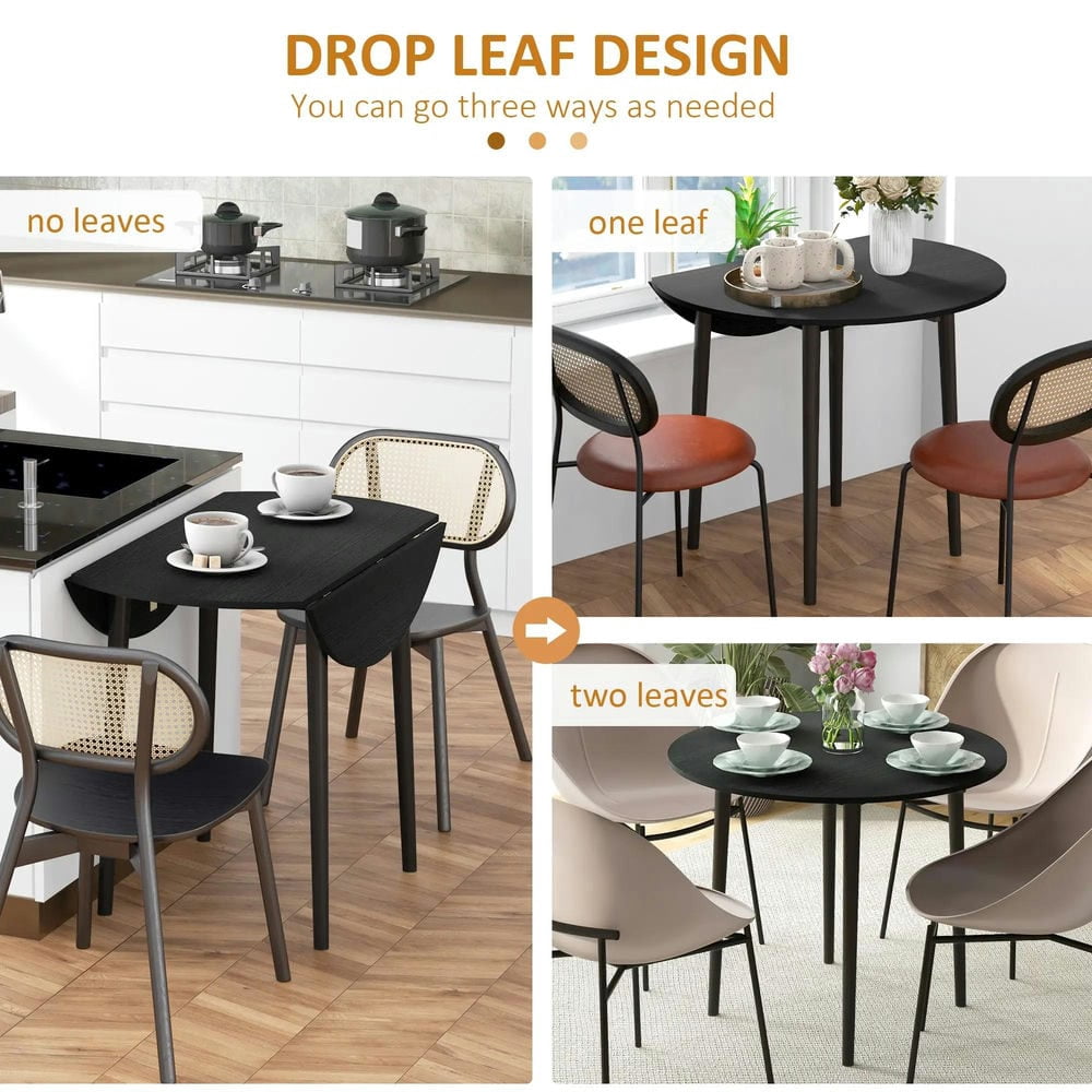 GVN Folding Dining Table, Round Drop Leaf Kitchen Table for Small Spaces with Wood Legs, Black