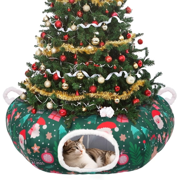 Christmas Tree Cat Tunnel, Soft Cat Tunnel for Christmas Tree with Middle Cushion, Cute Pet Donut Cave Bed Play Toys, Indoor Xmas Tree Decorations Protector from Cats