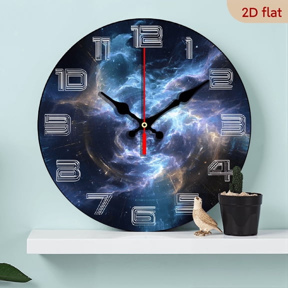 2D Flat 1pc 10Inch Non-Ticking Silent QuartzWooden Wall Clock - Abstract Cosmic Swirls Design, Premium Wood, AA Battery Operated (Not Included) - 25cm for Living Room, Bedroom, Office, Modern Home