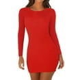 thumbnail image 2 of Women Dresses Round neck Sexy Solid Long Sleeved Leisure Dresses Fashion Dresses Red Trendy Skirt Size M, 2 of 8