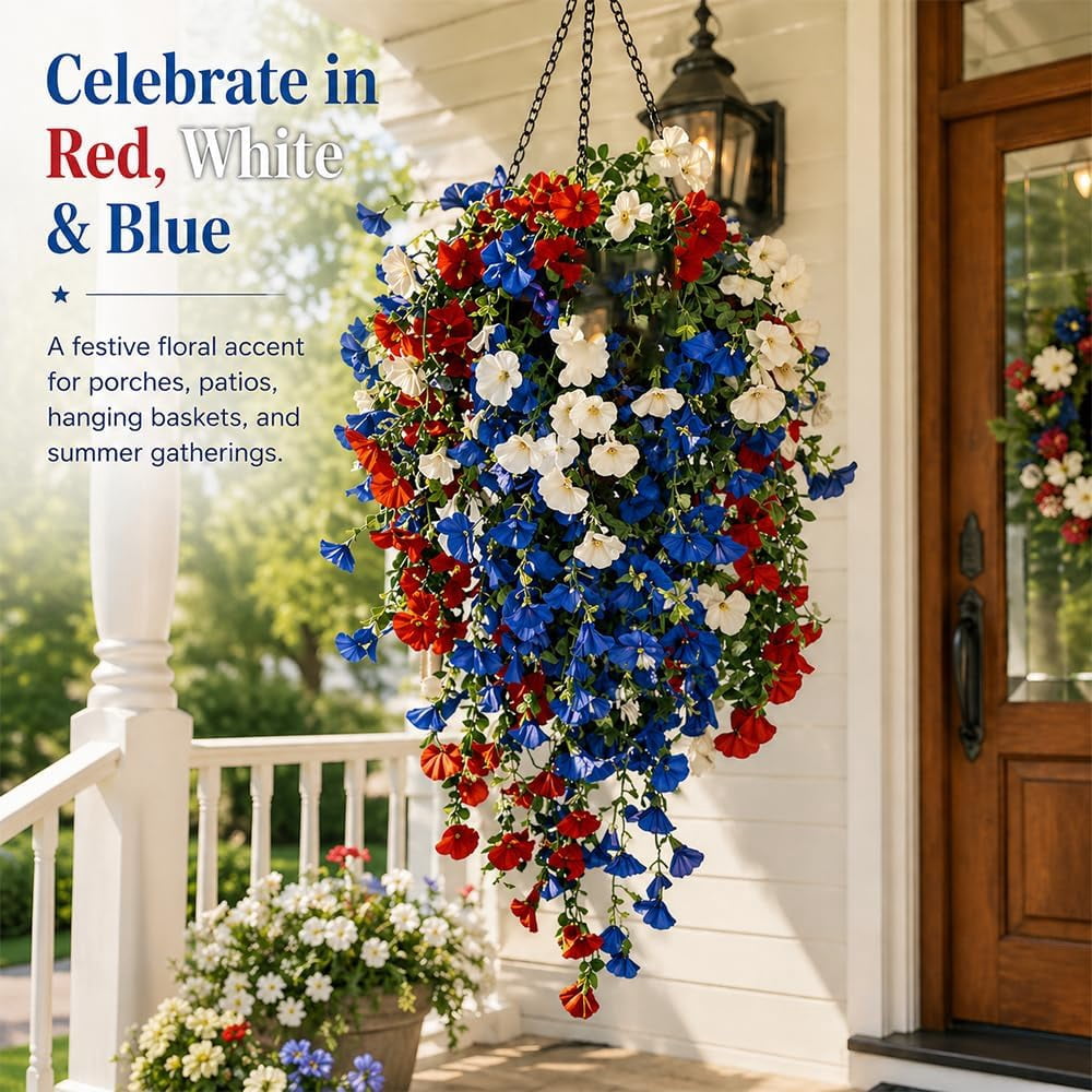4th Of July Decoration Tricolor Patriotic Artificial Flower - Red White Blue UV Resistant Realistic Artificial Fake Hanging Silk Flowers for Memorial Day Independence Day (2Pcs With Solar LED lights)