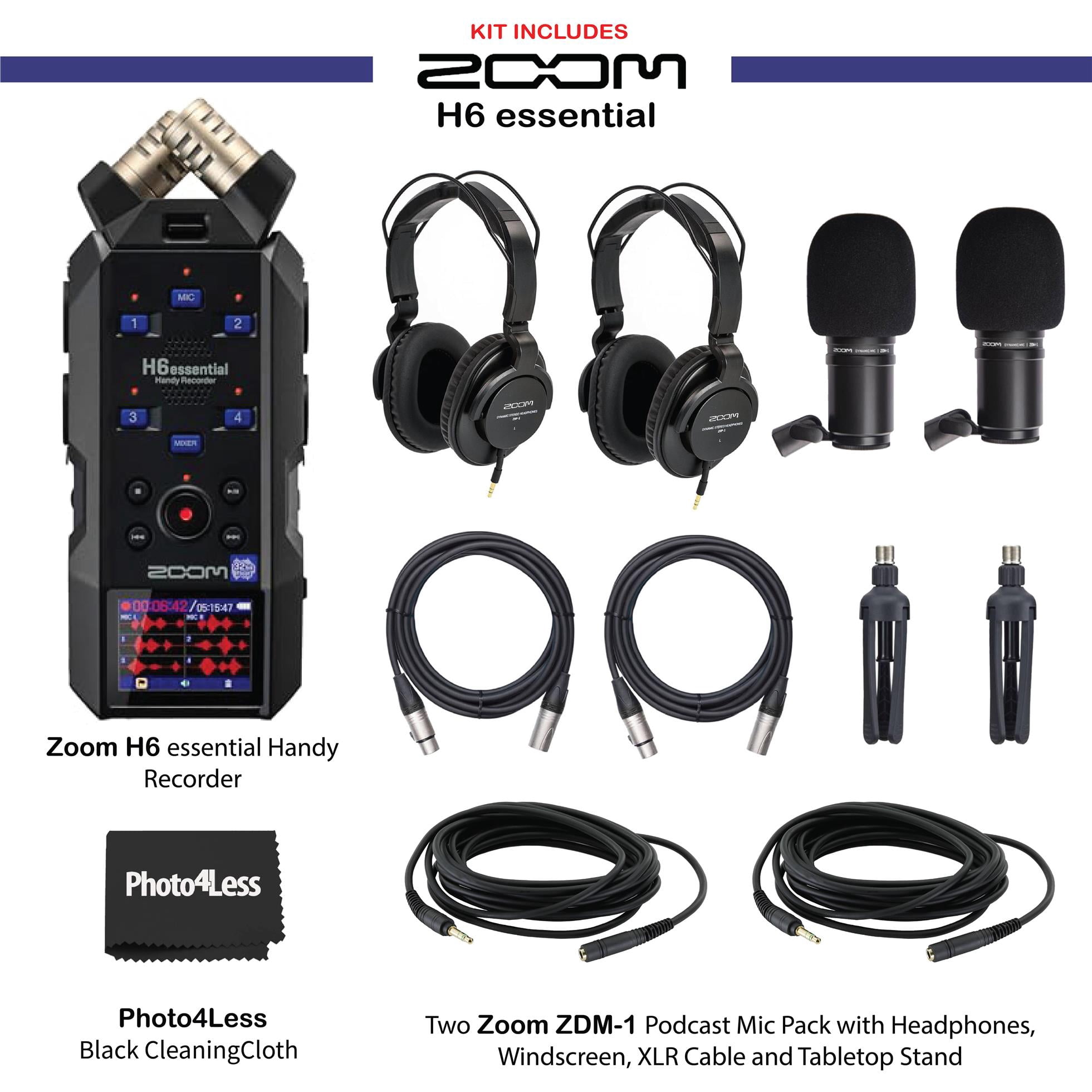 Zoom H6essential 6-Track 32-Bit Float Portable Audio Recorder Bundle With 2x Zoom ZDM-1 Podcast Mic Pack with Headphones, Windscreen, XLR Cable and Tabletop Stand