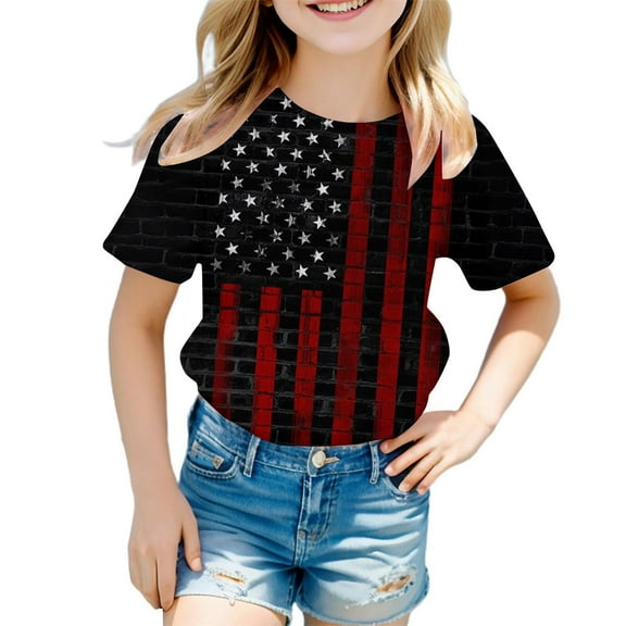 Povozer Cute 4th of July T-Shirt Toddler Kids Shirt for Girls 4th of July Shirts American Flag Tshirt Patriotic Top Independence Day Outfit Girl for 11-12 Years,Black