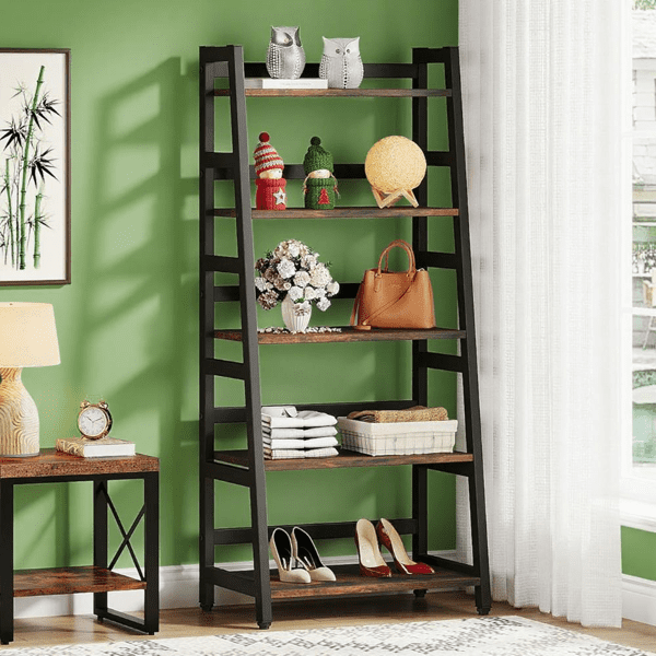5-Tier Vintage Ladder Bookshelf, 50lbs/Shelf, Thick Particle Board & Metal Frame, Multi-Functional for Living Room, Office