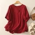 thumbnail image 2 of Ashirexll Womens Casual Tops, Summer Shirts for Women, Solid Color Imitation Linen Embroidered Button Short Sleeve Round Neck Top, 2 of 7