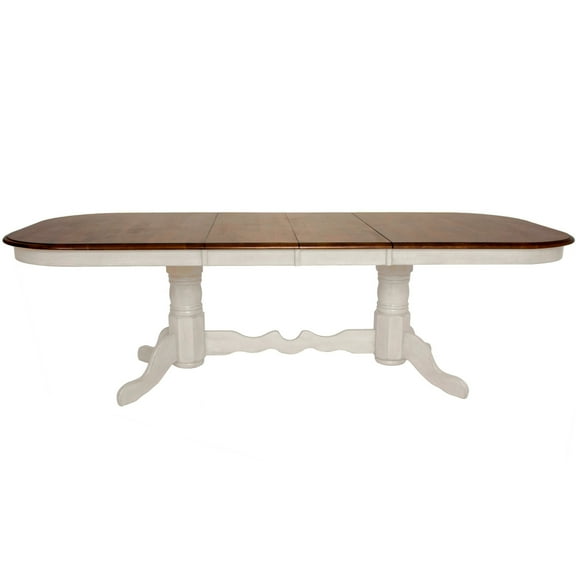 Oval Extendable Dining Table - 96" Double Pedestal Antique White & Brown - Seats 10