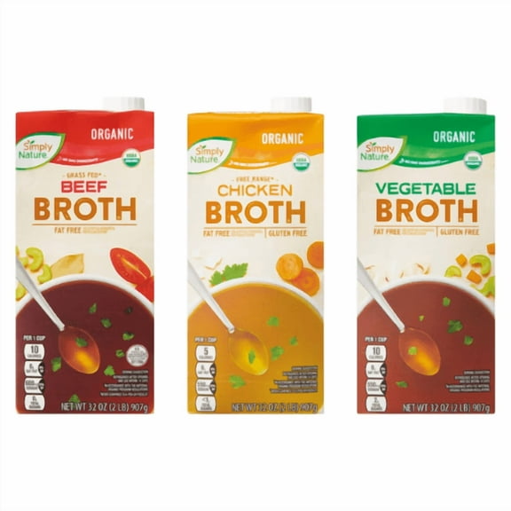 Simply Nature Organic Broth (Beef ,Vegetable and Chicken) Fat Free, 32 oz,3 Pack Variety