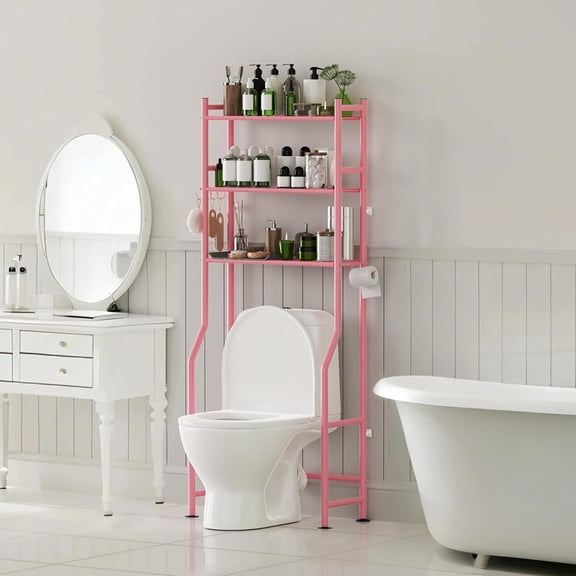 3-Tier Over The Toilet Storage with Paper Holder, Metal Bathroom Organizers and Storage for Small Space, Freestanding Bathroom Shelves with 4 Hooks, Above The Toilet Storage Shelf, Pink