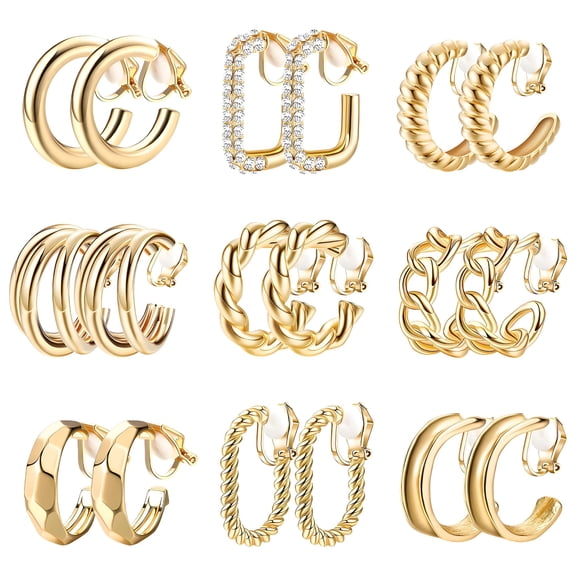 DESIGNICE 9 Pairs Clip on Earrings Set,Geometric C-Shaped Comfortable Clip Earrings for Women,Charming Fashion Dainty Earrings,Clip on Hoop Earrings for Women without Pierced Ears