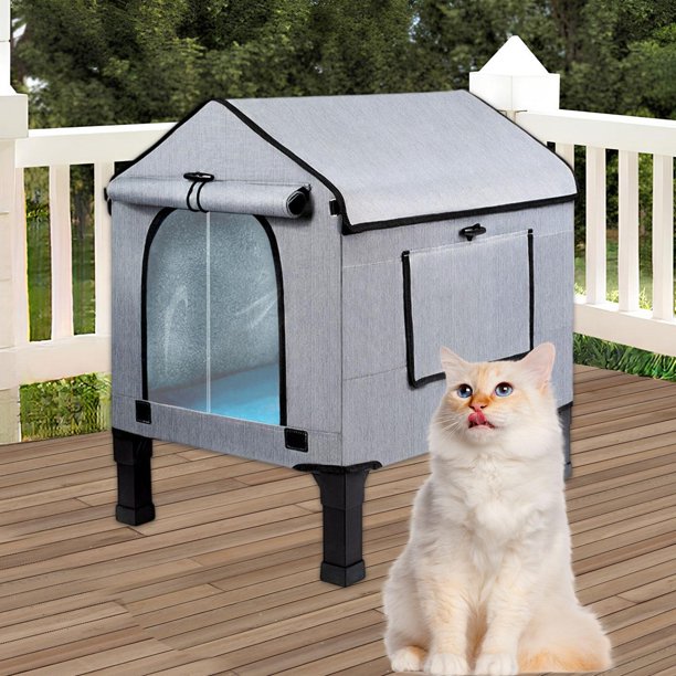Caseta para gatos con calefacción y almohadilla térmica para exteriores, nido resistente al viento, extraíble, elevada, para parques, balcones y gris L