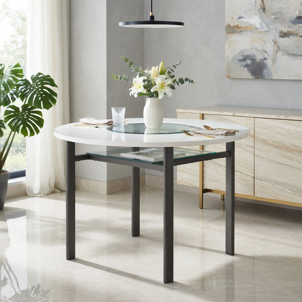 Hommoo 42 Inch Round Dining Table, Modern MDF Top with Gray Tempered Glass Inlay & Metal Base, 4-6 Person Minimalist Table for Dining Room, Kitchen, or Office, White & Black