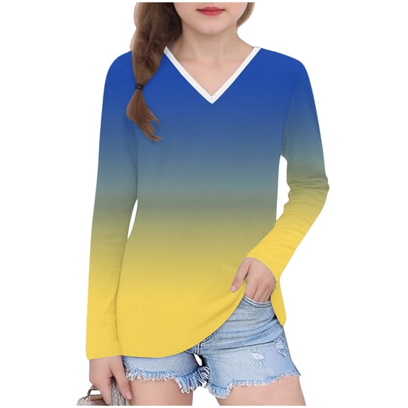 Khunlpohl Kids Long Sleeve Shirts V Neck Casual Trendy Tops Comfortable Tunic Pullover Blouses for Girls 3-14 Years