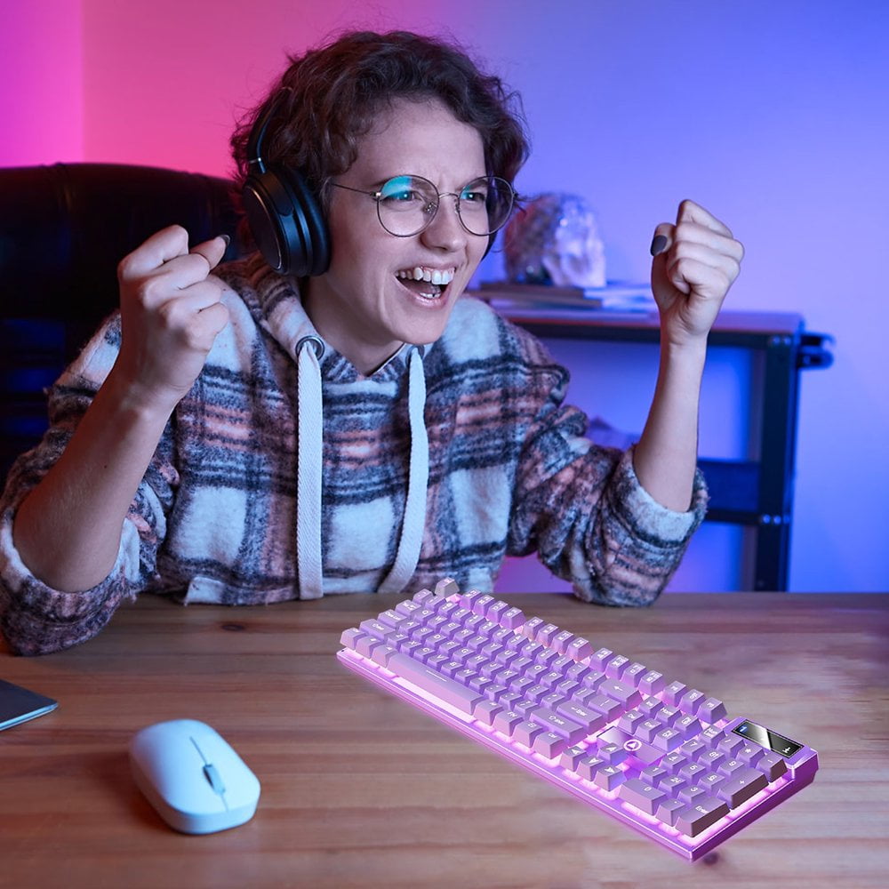 Baweave Gaming Keyboard USB Wired Floating Keyboard  Ergonomic Water Mechanical Feeling Keyboard  Ultra-Slim LED Backlit Keyboard For Desktop  Compute Pink
