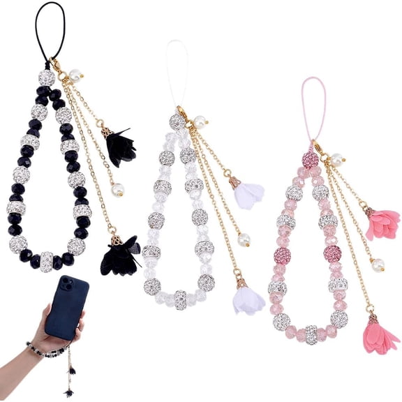 PH 3 Colors Beaded Phone Strap 3pcs Flower Phone Charm Phone Lanyard Strap Glass Rhinestone Beads Phone Strap with Chiffon Pendants for Women Friends Phone Bag Keychain Decor 6.8inch colorful