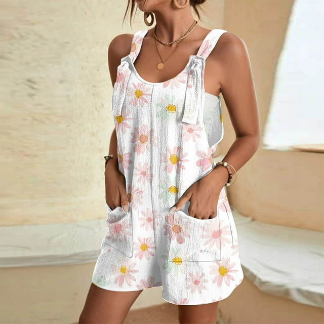 Babysbule Women's Star Printed Overall Jumpsuit Suspender One Piece Sleeveless Wide Leg Shorts Rompers With Pockets