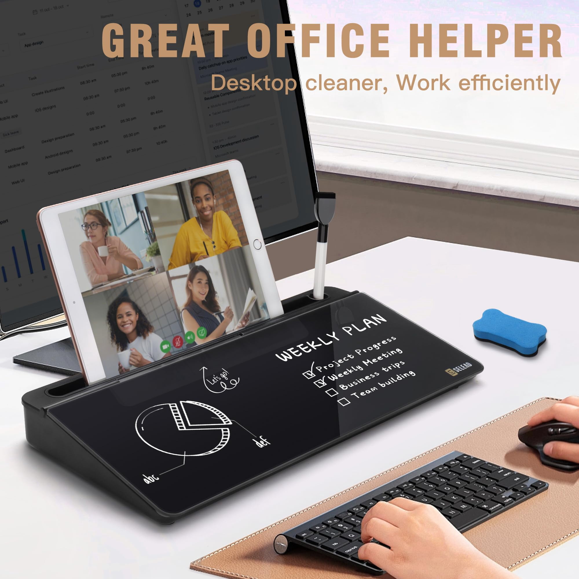 Desktop Glass Whiteboard With Organizer  Markers Eraser - Dry Erase Board Computer Pad Stand Drawer And Holder For Home School Office Black