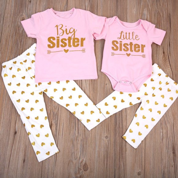 Baby Kids Girl Match Clothes Big Sister T-shirt Little Sister Romper+Long Pants Outfits