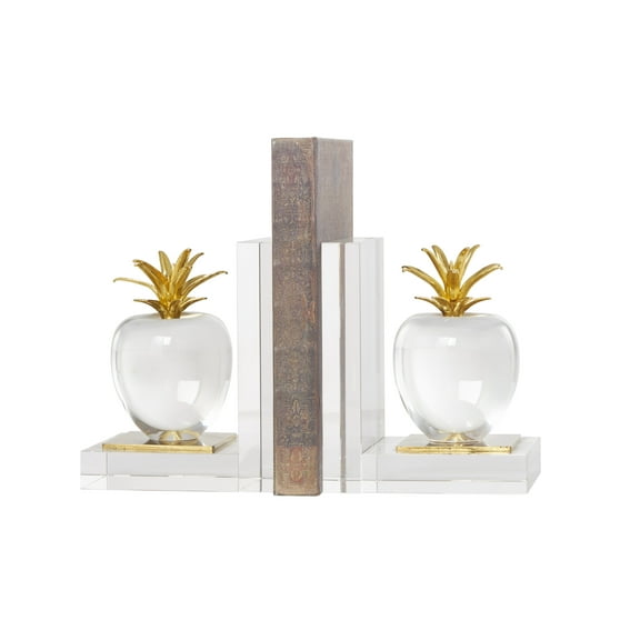 DecMode 4" Apple Fruit Clear Crystal Bookends with Gold Leaves (Set of 2)