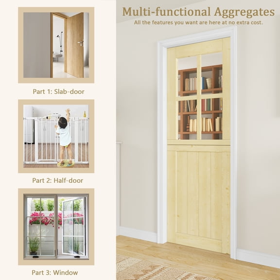 32''x80''Qucik Assemble Jamb, Not Prehung, 4-Lite Split Dutch Door Unfinished Solid Pine Wood Clear Glass Slab Doors Half Interior Door