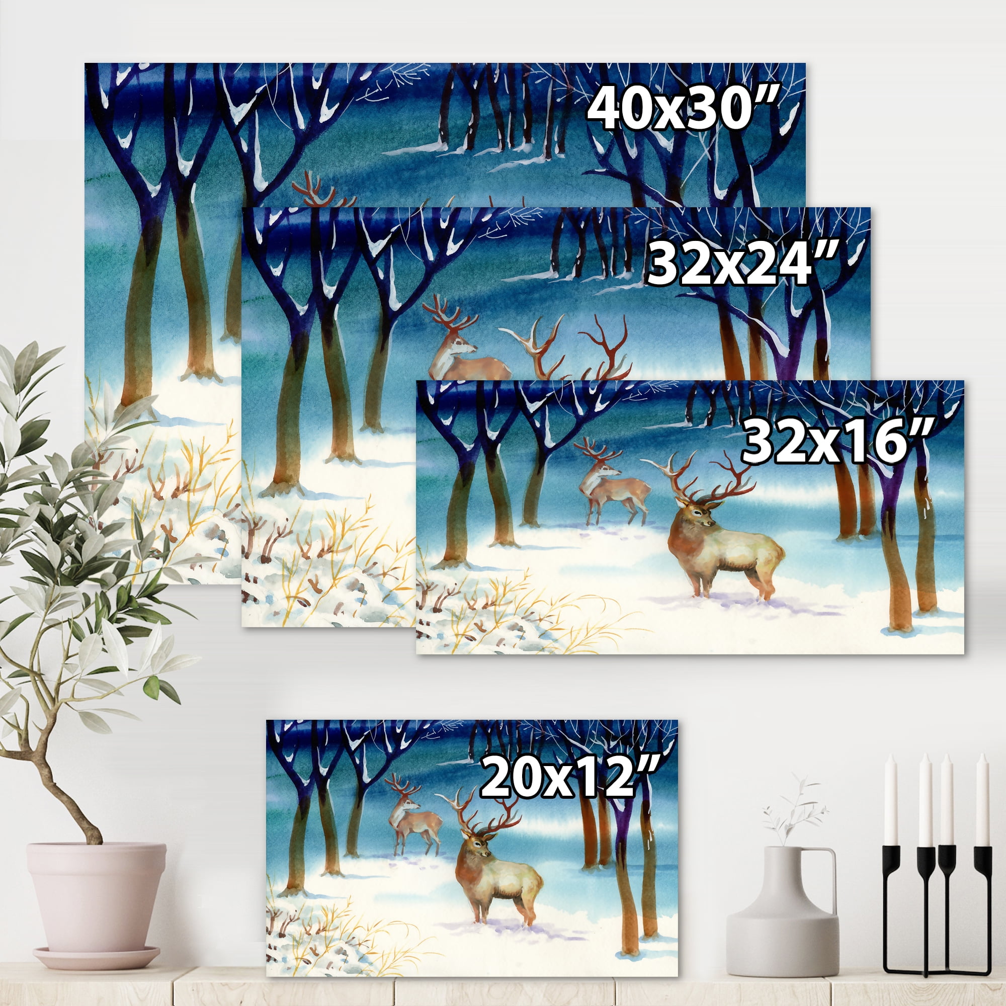 Deers With Winter Landscape 12 in x 8 in Painting Canvas Art Print, by Designart