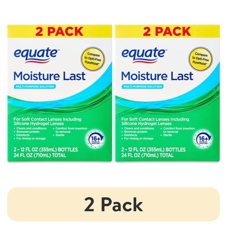 (2 pack) Equate Moisture Last Multi-Purpose Solution for Soft Contact Lenses, 24 fl oz (2x12 fl oz), Compare to Opti-Free Pure Moist