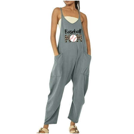 

Jsezml Wide Leg Jumpsuits for Women Trendy Baseball Graphic Overalls Casual Loose Sleeveless V Neck Rompers with Pockets