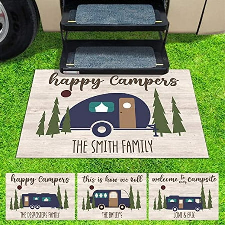 KissDate Personalized Happy Campers RV Doormat - Custom Family Name Camping Door Mat Accessories for Inside Outside Campsite Decorations Travel Trailers