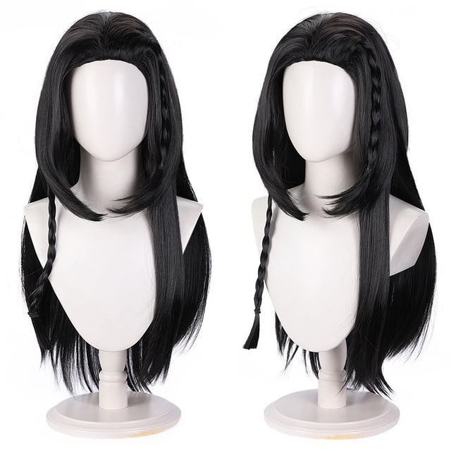 Peluca de cosplay negra larga trenzada de 80 cm, sintética, resistente al calor