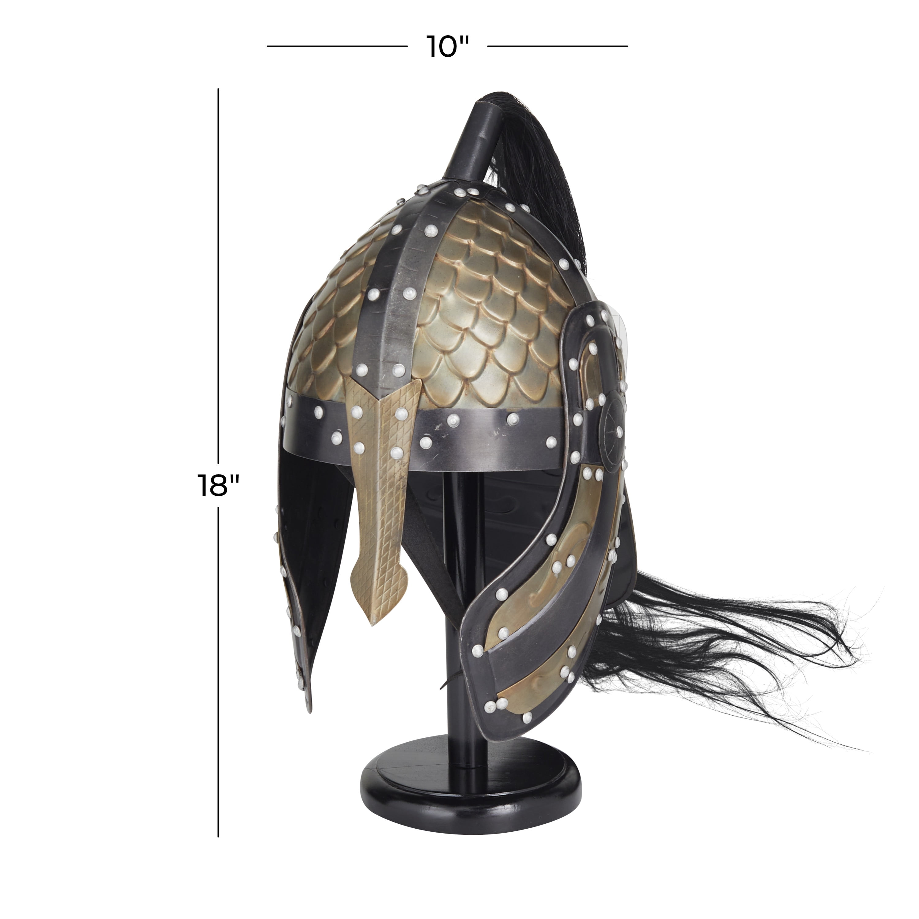 18" Gold Metal Replica Medieval Greek Spartan Helmet with Black Wood Stand and Plume, by DecMode