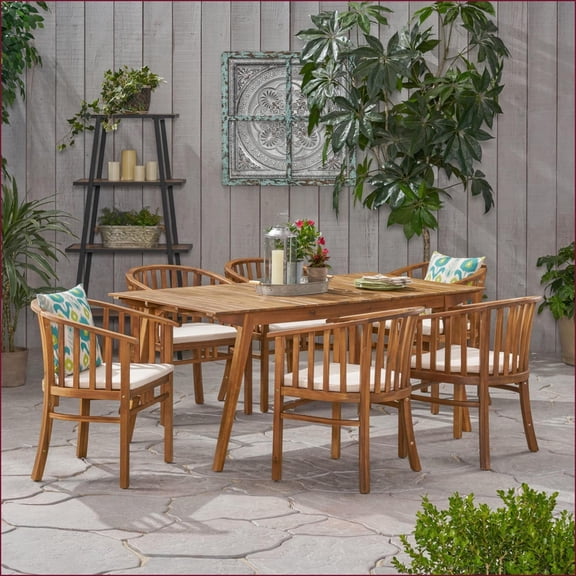 Patio 6-Seater Dining Set Acacia Wood with Cream Cushions Teak Finish | Acacia Wood | Teak