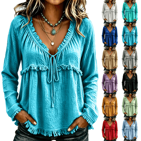 longantii Boho Tops For Women Vintage V Neck Long Sleeve Shirts Frayed Raw Hem Gauze Blouses Relaxed Empire Waist Beach Vacation Outfit Blue XL