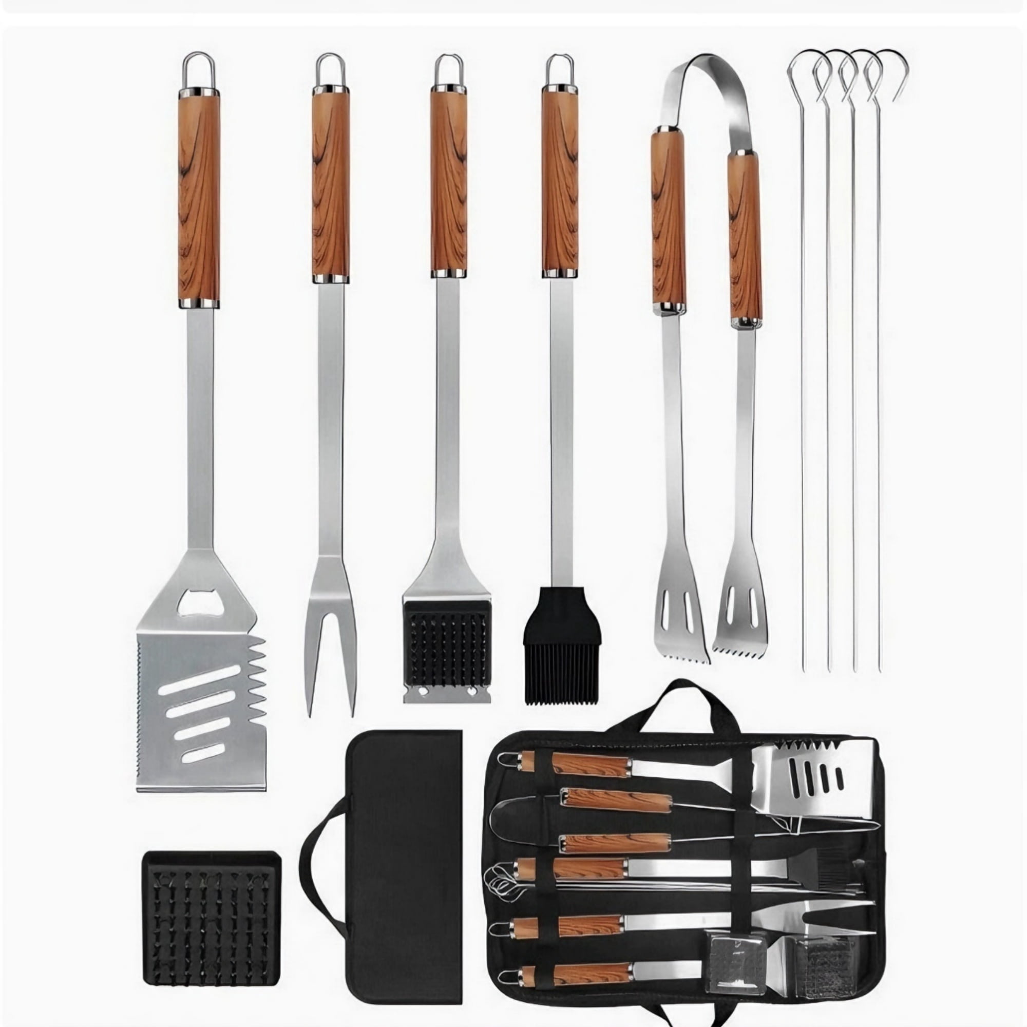 Jademall 9-Piece BBQ Grilling Tools Set Stainless Steel Barbecue Kit with Wood Handles & Carry Bag for Outdoor Camping & Backyard Barbecue