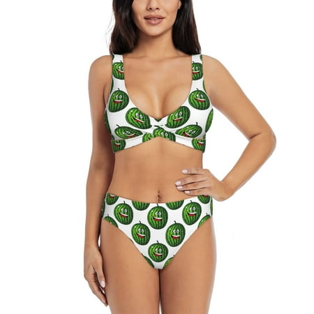 Zeuib Happy Watermelon High Waisted Tummy Control Bikini Set - Knot Front Push Up Top & Cheeky Thong Bottom  Two-Piece Swimsuit for Women-Large