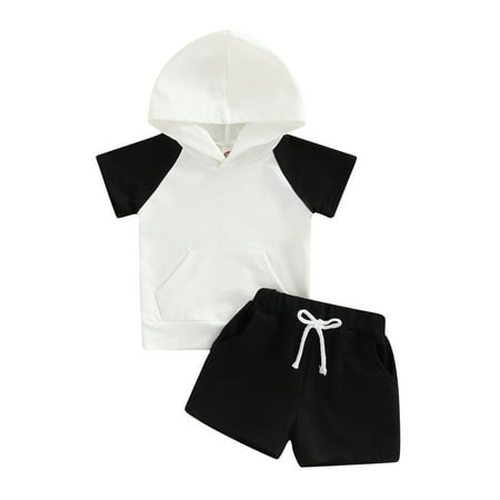 

Musuos Baby Boys 2PCS Pants Set Short Sleeve Color Block Hooded Tees + White Drawstring Short Pants Toddler Boys Summer Casual Outfit